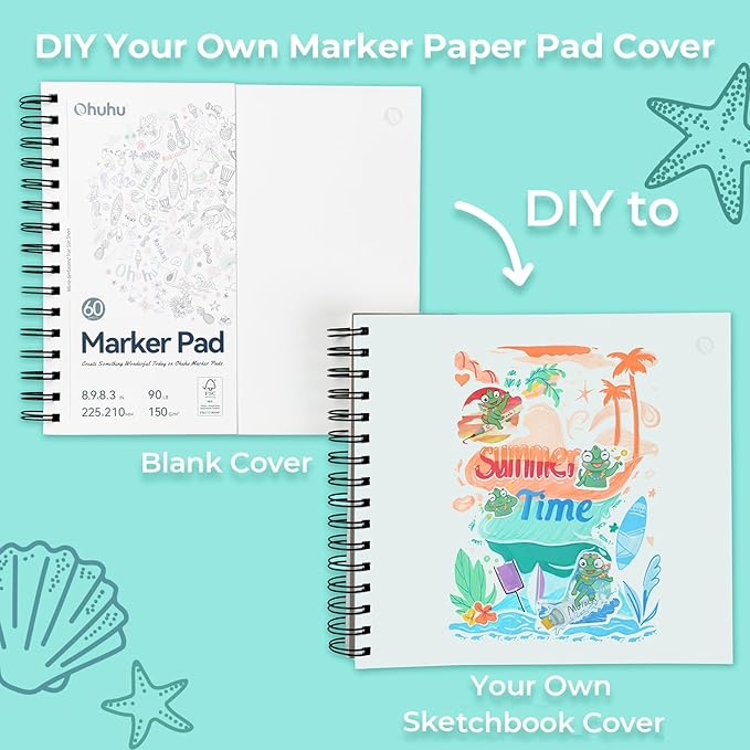 Ohuhu Double-Sided Marker Pad Art Sketchbook Bleedproof - 8.3"x8.3" Square Paper Size - 90 lb/150 gsm Smooth Drawing Paper - 60 Sheets/120 Pages, Spiral Bound Sketching Book for Alcohol Markers