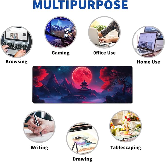 Darkness Red Moon Mouse Pad Abstract Red Mouse Pad 31.5x11.8 Inch Texture Non-Slip Rubber Base Large Mousepad Stitched Edges Keyboard Mouse Mat Desk Pad for Office and Home (Darkness 4)