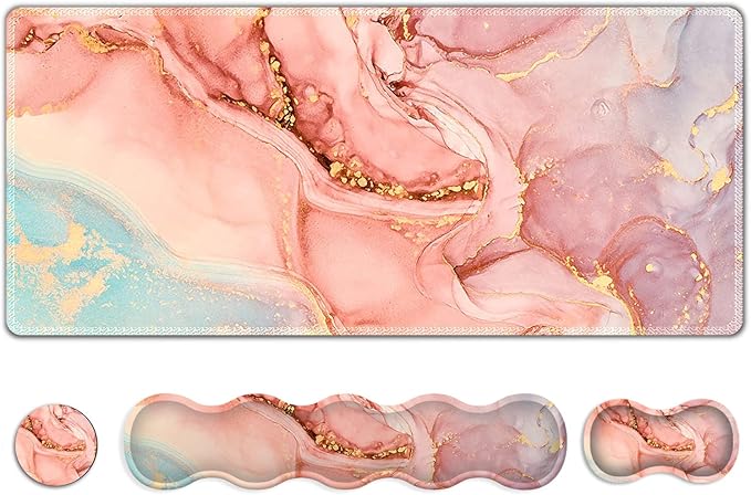 Upgraded Extended Gaming Mouse Pad, Keyboard Wrist Rest Pad, Wrist Support Mousepad Set, Artso Large Stable Rubber Base Stitched Edges, Multifunctional Desk Pad 35 x15.5 in, Abstract Pink Marble