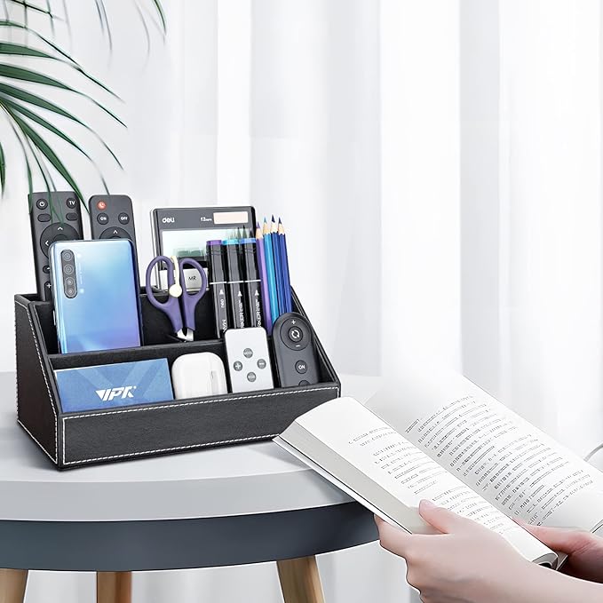 KINGFOM Pu Leather Desk Organizer with 5 Compartments Holder, Multi-Functional Office Supplies Storage Caddy for Pen/Pencil, Phones, Remote Controller and Desktop Accessorie Black