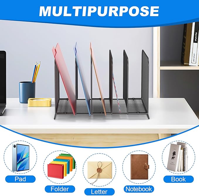 Desk File Organizer, 5 Sections Upright Mesh File Sorter Desktop Organizer Office Organization Metal Document Rack File Folder Holder for Home,Office,Classroom,2Pack