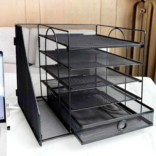 5-Tier Paper Letter Organizer with File Holder, Desk Organizer with Drawer, Mesh Desktop Storage with Magazine Holder for Office Supplies (Black)