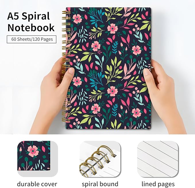 Spiral Journal Notebook, Hardcover Lined Journal for Women, Medium 6 x 8.4 in, 120 Pages Thick Paper, College Ruled Notebook for Writing, Work, Office, and School,Beautiful Garden Florals