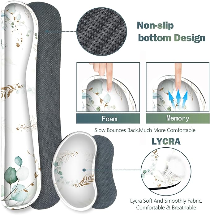 ARTSO Gaming Mouse Pad Wrist Support Set, XXL Large Desk Mat Mousepad + Keyboard Wrist Support+ Mouse Wrist Rest+Coaster 4in1 Ergonomic, Memory Foam, Stitched Edge for Home Office -Pretty Leaves