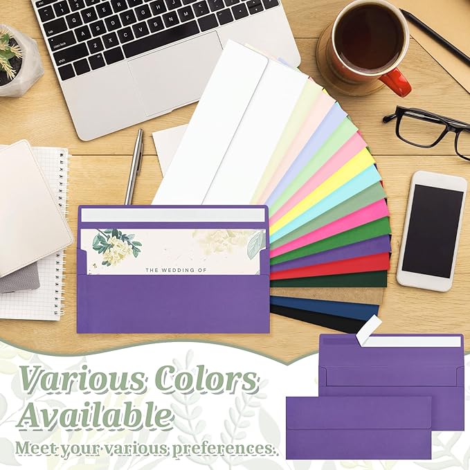 200 Purple #10 Business Envelopes, Self Seal Standard Envelopes, Windowless Business Mailing Envelopes for Office, Checks, Letters, Invoices, Statements, Wedding, 4-1/8 x 9-1/2 inch