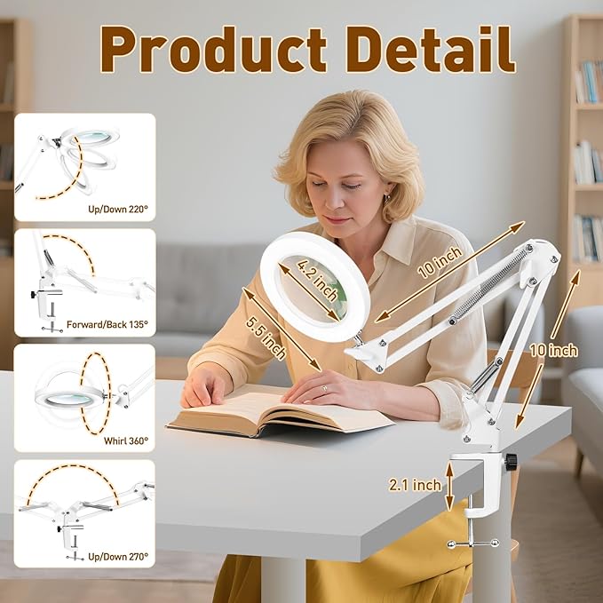 KIRKAS 10X LED Magnifying Lamp with Clamp Real Glass Lens, 3 Color Modes and Stepless Dimmable Magnifier Desk Lamp,Adjustable Swivel Arm Lighted Magnifying Glass for Repair Craft Close Work-White