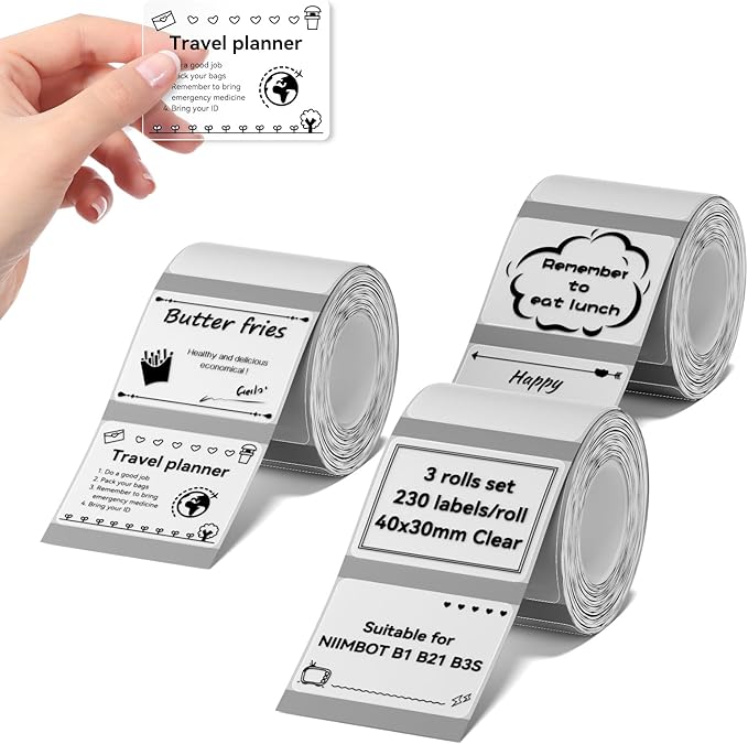 NIIMBOT Labels 3 Rolls Set for B1/B21/B31 Sticker Printer, 40x30mm (1.57'' x 1.18'') 230 Labels/Roll, Refill Labeling Tape for Home School Office Small Business (Clear)