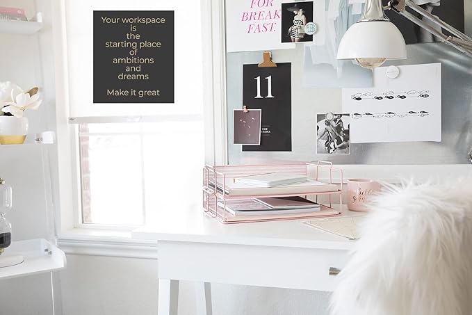 BLU MONACO Pink Mesh Paper Tray – Set of 2 Stackable Letter Trays – Durable Metal Desk Organizer for Home, Office & School – Stylish Document Holder, File Storage, and Workspace Organizer