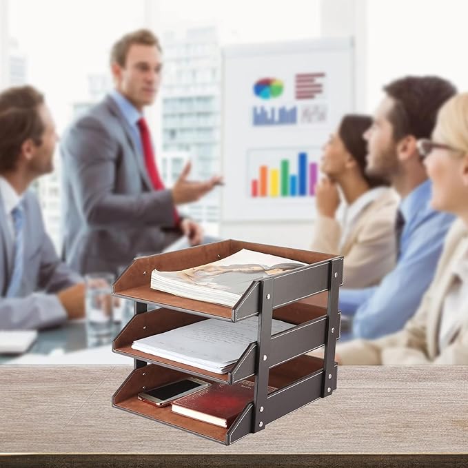 Very Sturdy 3 Tier Leather Desk File Rack for Office Supplies/Stationery/Folder,Stackable Letter Tray Organizer,Document Filing Organizer Holder for Desktop Storage (Brown)…