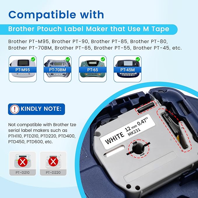 Labelife M-K231 Label Tape Replace for Brother P Touch M Tape M-K231S M231 MK231 M-231 12mm 0.47 Inch for Brother PTouch PT-M95 PT-65 PT-80 PT-70 PT-45 PT-90 Label Makers, Black on White, 4 Pack