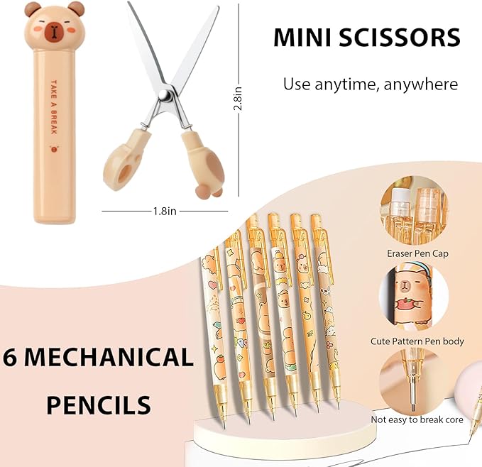Capybara Stationery Set,Cute Capybara School Supplies,Kawaii Stationery Birthday Gifts,Includes Ballpoint Pens,Eraser, Mechanical Pencils,Correction Tape,Gel Pens,Scissors,for Office School Supplies