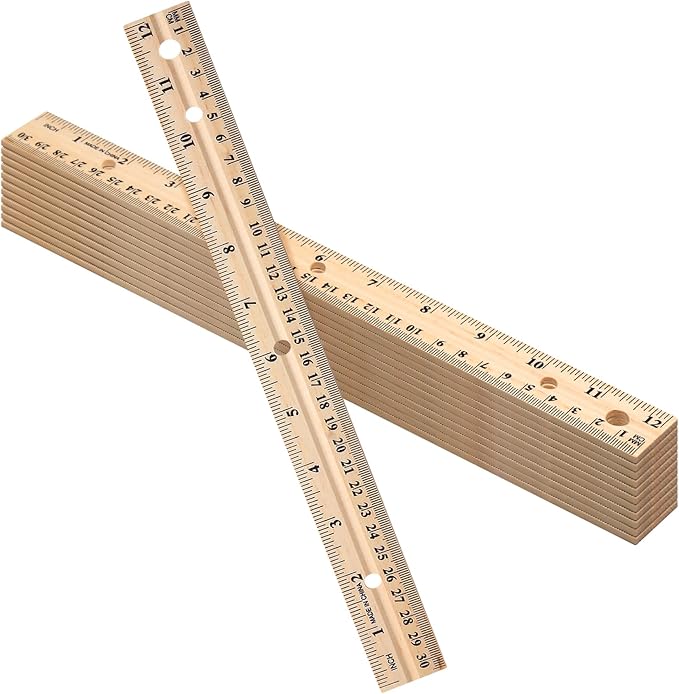 12 Pack Wooden Ruler 12 Inch (30cm) Bulk Wood Measuring Ruler Straight Metal Edge with 4 Holes for School Office Drafting Classroom Supplies, 2 Scale