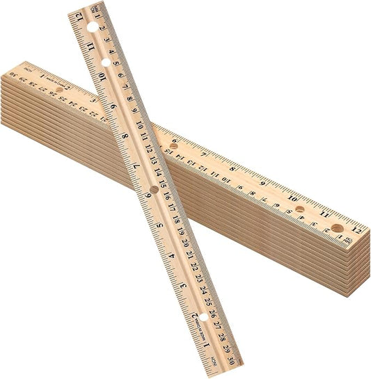 12 Pack Wooden Ruler 12 Inch (30cm) Bulk Wood Measuring Ruler Straight Metal Edge with 4 Holes for School Office Drafting Classroom Supplies, 2 Scale