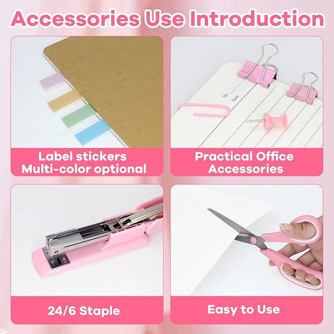 12pcs Pink Desk Accessories Office Supplies, Desk Organizers Set Stapler, Tape Dispenser Set, Staples, Clips, Scissor Gift for Students, Coworkers