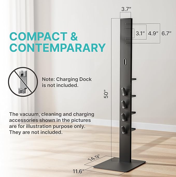 PEGZONE Vacuum Cleaner Stand, Compatible with Dyson Gen5 V15 V12 V11 V10 V9 V8 V7 V6, Floor Cordless Vacuums Attachment Holder with 4 Hooks and 4 Shelves, Metal Storage Bracket Organizer, Black