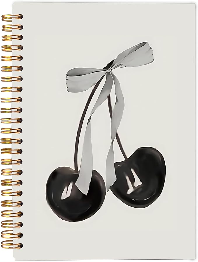 Coquette Black Bow Notebook Journal, Preppy Cherry Journal Notebook for Note Taking Work, Preppy Gifts For Women, Black Office Supplies, Spiral Notebook 5.5x8.3 Inch