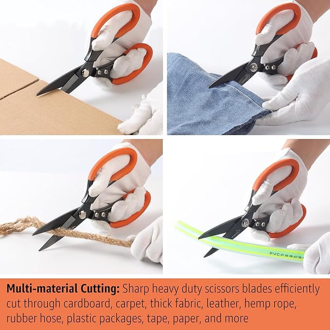 Heavy Duty All Purpose Scissors, Stainless Steel Blades, Black Orange Comfort Grip Handle, 8.5 Inch Professional Multipurpose Utility Sharp Shears for Kitchen, Garden, Office, Craft, Sewing