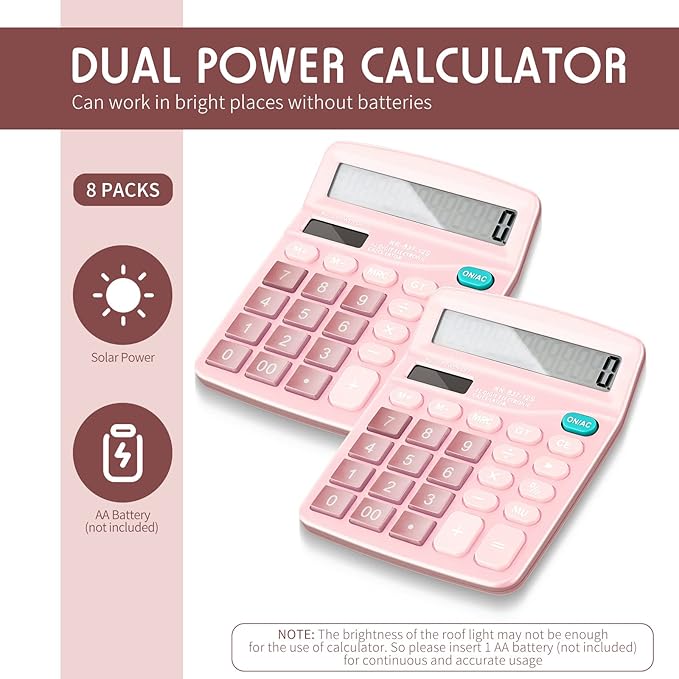 Konohan 8 Pieces 12-Digit Calculator, Solar Basic Desktop Calculator Large Display Electronic Dual Power Handheld for Home Office School(Pink)