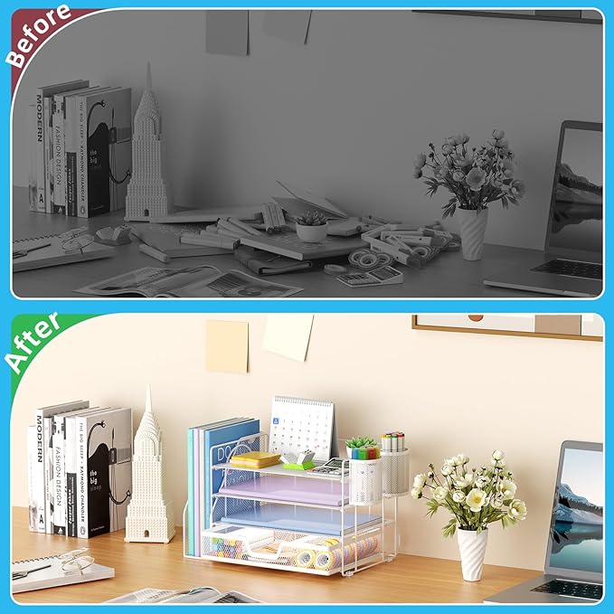 Marbrasse Desk Organizer and Accessories，4-Tier Paper Letter Tray Organizer with File Holder, Desk Accessories with Drawer and 2 Pen Holder (White, 15.4" x 9.1" x 8.3")