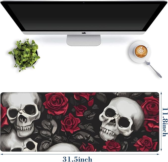 Large Gaming Mouse Pad for Desk Skulls and Roses Big Desk Mat Extended Mousepad with Stitched Edge and Non-Slip Base Long Computer Keyboard Mouse Mat for Home Office Work, 11.8 x 31.5 Inch