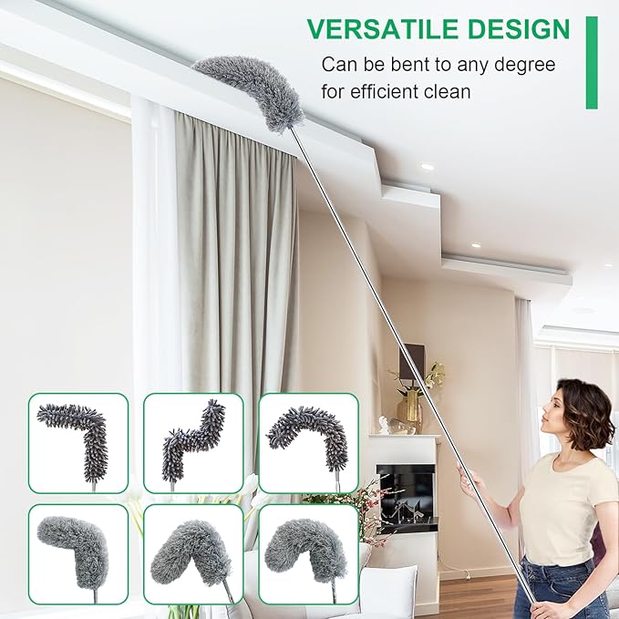 3 Pcs Extendable Microfiber Feather Duster, Electrostatic Bendable Head, Up to 100 Inch Feather Dusters for Cleaning Ceiling Fan, Cobweb, Wall, Furniture
