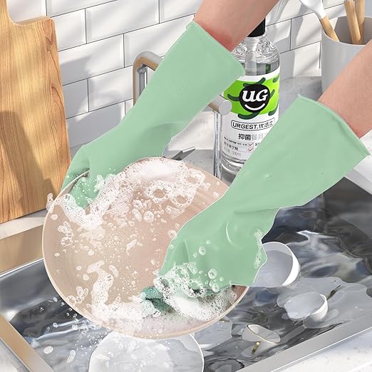 Rubber Kitchen Dishwashing Gloves - 4 Pairs Reusable Household Cleaning Gloves, Flexible and Durable & Non-slip Cleaning Gloves, Great for Kitchen, Bathroom, Laundry (Pink+Green+Blue+Grey)