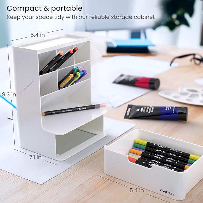 ARTEZA Desktop Pen and Marker Organizer, 6-Compartment White Pen Holder for Desk with Stationery Drawer, Makeup Organizer