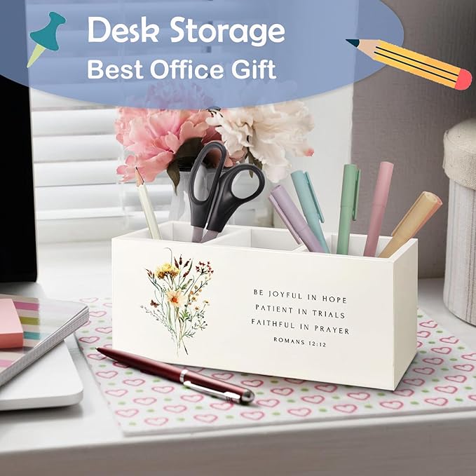 SNNDER Floral Christian Pen Holder for Desk, Christian Religious Gifts for Women, Romans 12:12 Bible Verses Wooden Pen Pencil Holder Organizer for Home Office Desk Accessories