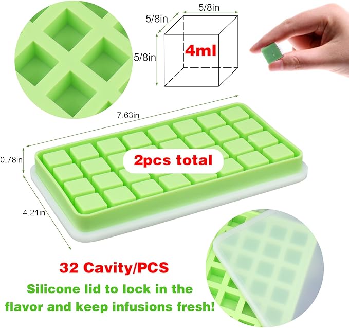 AIERSA 2Pcs Silicone Molds for Herb-Infused Oil Cubes, 32 Cavity Candy Gummy Molds with Lids & 2 Droppers for DIY 5/8x5/8x5/8in Square Gummies, Homemade Herbal Blocks, Jello, Pralines Caramels
