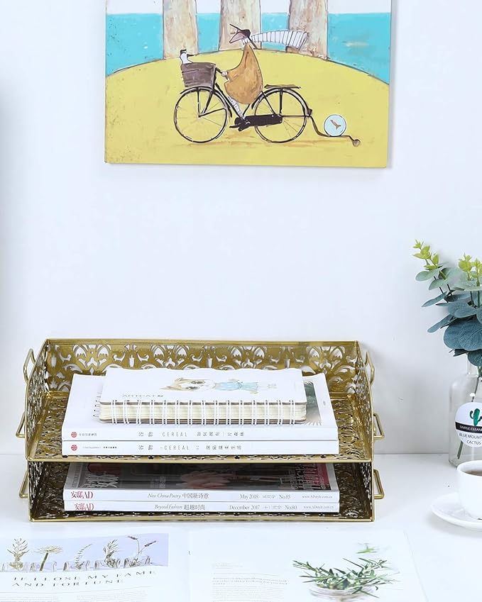EasyPAG Paper Organizer for Desk 2 Tier Stackable Paper Tray for A4 Legal Size Folders Metal File Storage Desktop Organizer for Home Office School Teacher, Gold