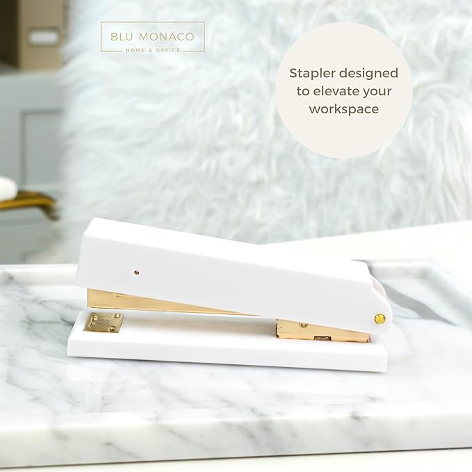 Blu Monaco White and Gold Stapler – Chic Desk Accessory with Smooth Metal Mechanism – Stylish Gold Office Supply for Home, School, and Work – Aesthetic White Essentials for Modern Desks