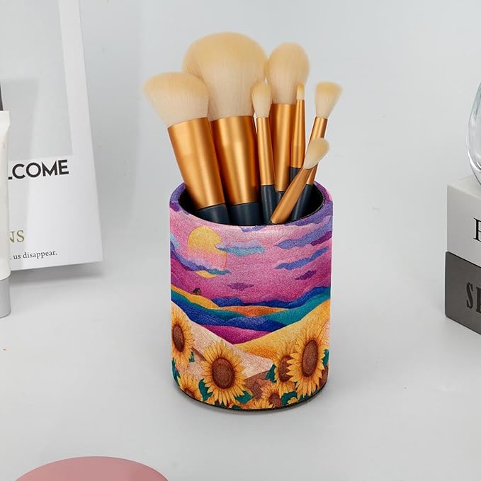 1 Pack Watercolor Art Sunflower Circular Pen & Pencil Holder - Durable PU Leather Pencil Cup, Desk Accessories Organizer for Office Desk School Home