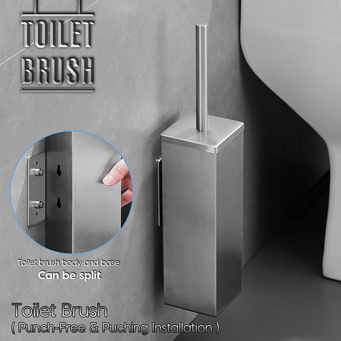 JOVYXIE Brushed Stainless Steel Square Toilet Brush with Metal Lid Dual-Use Toilet Brush Holder with Drilled + Drill-Free Hook Base Includes Removable Inner Bucket (Brushed)