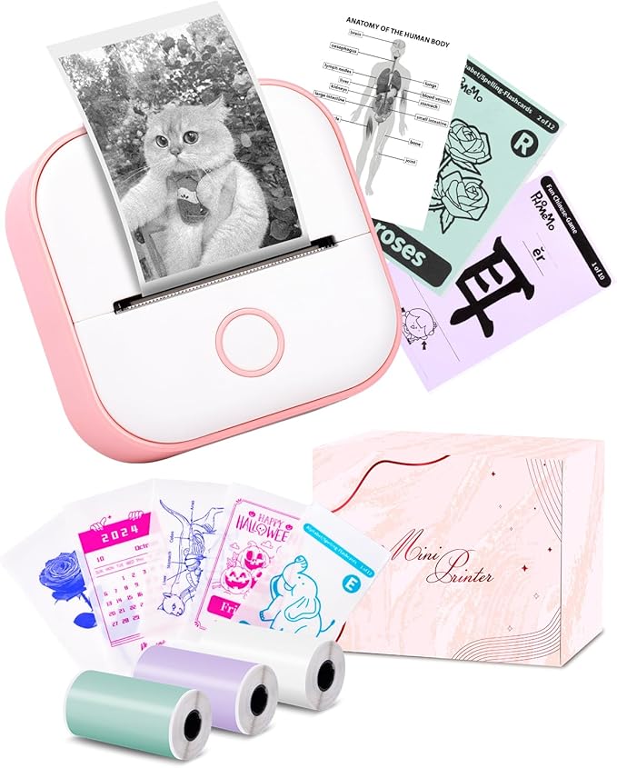 Memoking Mini Sticker Printer - T02 Mini Thermal Printer Wireless Inkless Label Maker Portable Sticker Maker for Student Birthday Gift, Compatible with iOS & Android, Pink
