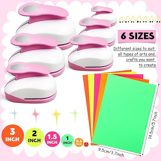 Chengu 6 Pcs Circle Punch Set 3in/2in/1.5in/1in/0.6in/0.3in Scrapbook Hole Punchers Crafting with 10 Sticker Paper Round Cutter Scrapbook for Office Supplies DIY Albums Photos
