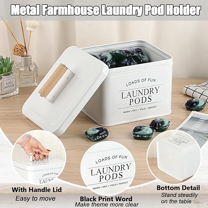 Metal Laundry Pod Holder Powder Holder Farmhouse Laundry Pods Container with Handle Lid, Powder Dispenser Dryer Sheet Dispenser for Laundry Room Organization Decor - 7.2" x 6.2" x 5.1", White