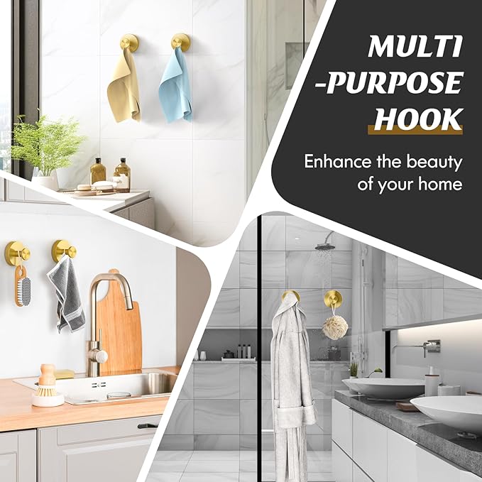MOTAIPEAK Suction Cup Hooks,No Drill Shower Hooks for Inside Shower,Heavy Duty Towel Hooks for Wall,Bathroom,Kitchen,Glass,Mirror,Tile to Hang Towels,Loofah-Gold(2 Pack)