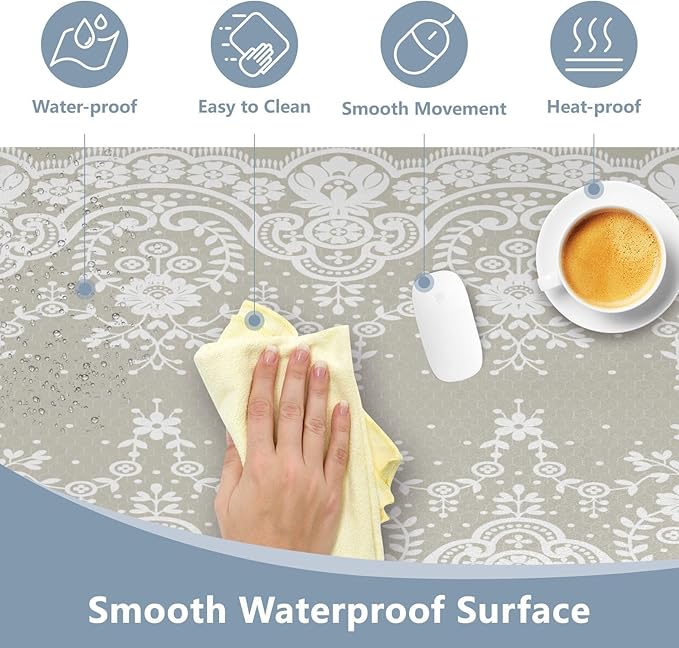 Mouse Pad Desk Mat Leather Desk Pad Large Gaming Desk Cover Protector Mat for Keyboard Computer Laptop Office Waterproof 35.4 x 16.5 Inch Lace Flowers Beige