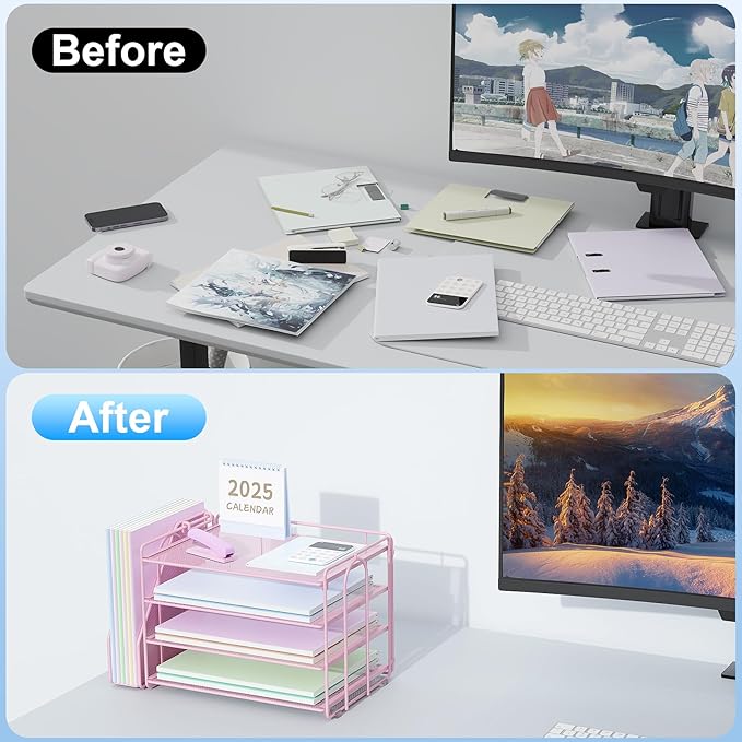Spacrea Desk Organizers and Accessories, Paper Organizer for Desk with File organizer, Desk Accessories & Workspace Organizers for Office Supplies (Pink)