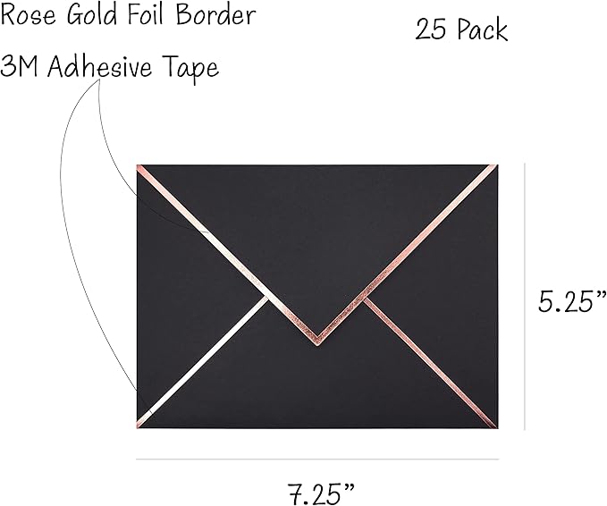 A7 Envelopes - V Flap Foil Border Luxury Mailing Envelopes for 5" x 7" Cards - for Wedding, Invitations, Baby Shower, Photos, Graduation, Birthday, Bridal Shower - 5.25" x 7.25" (Black, 50 Pack)
