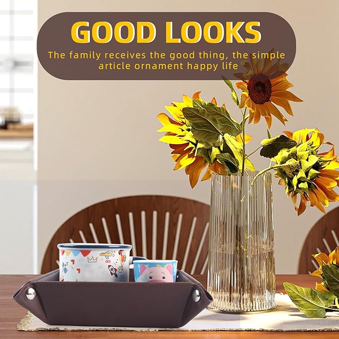 Leather Valet Tray for Men and Women - Jewelry Tray Nightstand Organizer - Bedside Vanity Tray - Dresser Catchall Tray - Desk Organizer and Storage for Keys, Phone, Wallet, Coin(Square)