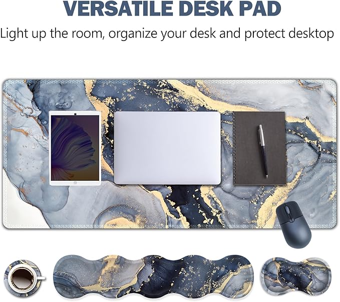 Extended Gaming Mouse Pad, Keyboard Wrist Rest Pad, Wrist Support Mousepad Set, Artso Large Stable Rubber Base Stitched Edges, Multifunctional Desk Pad (35 x15.5 in) for Work, Game, Navy Blue Marble