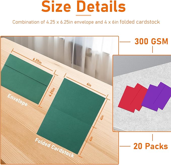 10 Assorted Colors Blank Cards and Envelopes 4 x 6 Heavyweight Folded Cardstock and Printable A4 Envelopes Self Seal 20 packs for Christmas, Invitations, Thank You Cards, Greeting Cards