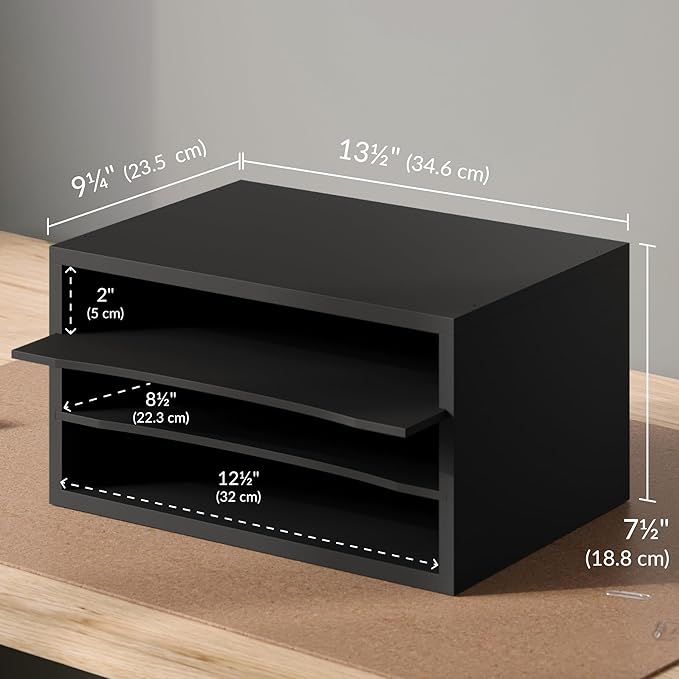 Ballucci Paper Organizer, 3-Tier Stackable Wood Desk Organizer, Document File Organizer and Mail Sorter with Adjustable Storage Shelves, Black