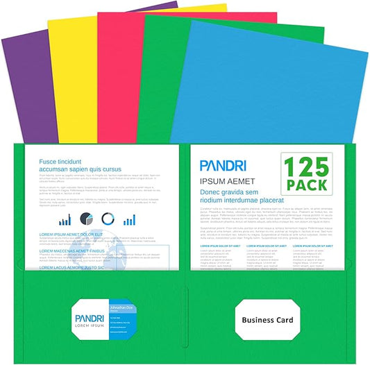 Two Pocket Folders, PANDRI 125 Pack 2 Pocket Folders, Letter Size Paper File Folder for School Office Home Business, Assorted 5 Colors