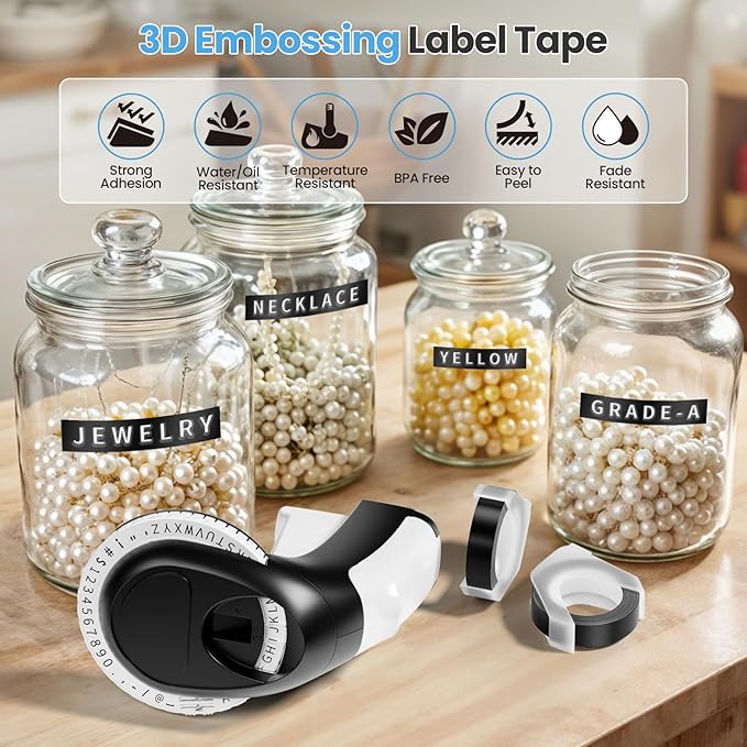 Vixic Embossing Label Maker, Manual Label Maker Emboss, Vintage Embossed Label Makers Machine with Tapes, Old School Labeler with 5 Rolls 3D Black Tapes for Home DIY & Crafting Kids School Items