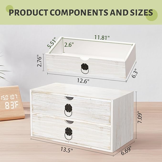 Wood Desk Organizer, White Wooden Desktop Organizer with Drawer, Tabletop Storage Organization Box for Countertop, Home Office Supplies, Bills (2 Drawer)
