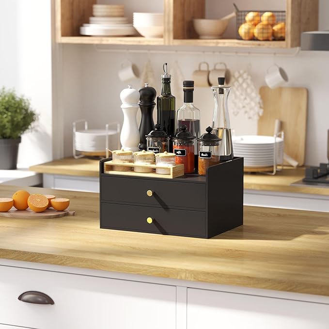 Bamboo Desk Organizer with Drawers Wooden Desktop Storage Organization Box for Bills Office Supplies Kitchen Utensils Organizing Tool for Home Classroom Vanity, No Assembly Required (2 Drawers, Black)