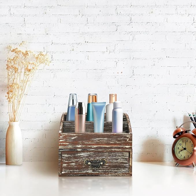 Office Desk Organizer with Drawers & Dark Brown Vintage Wood Desktop Storage Caddy 2pcs/set Workspace Supplies Farmhouse Mail Countertop Organizer Makeup Storage Box for Home Decor Supplies Vanity……