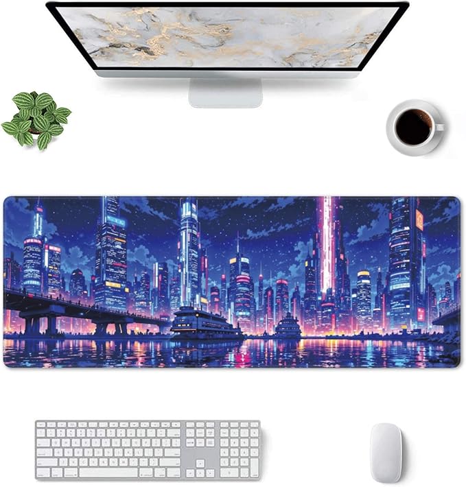 Neon City Large Mouse Pad, Anime Style Gaming Desk Mat, XL Keyboard Desk Pad Mat for Desktop, 31.5"x11.8" Non-Slip Base Big Mousepad with Stitched Edges